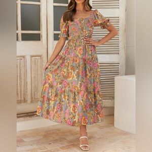 Floral Midi Dress in Pink and Orange